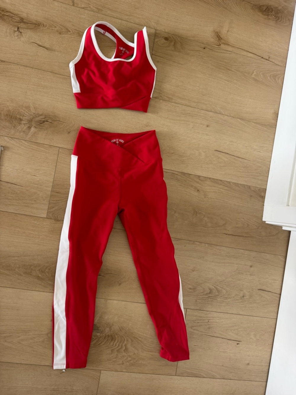 Year of Ours Red Leggings with White Side Panels
